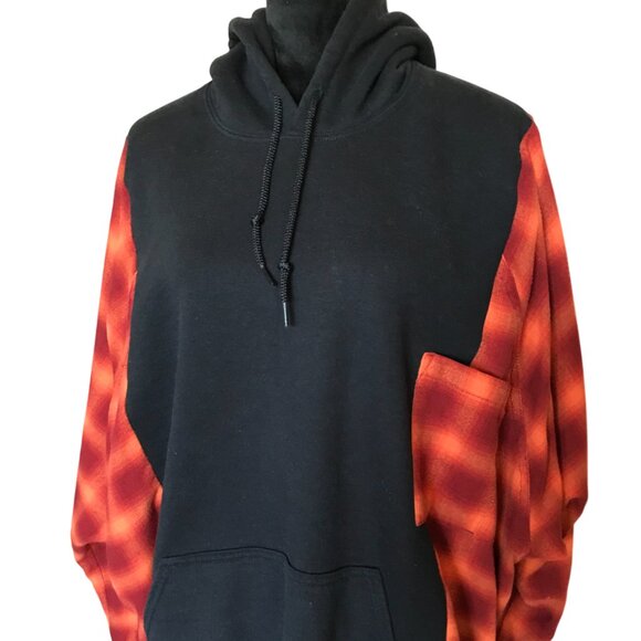 Upcycled Pullover Hoodie, Plus Size: Patchwork Flannel Sweatshirt, Red Plaid - Picture 7 of 13